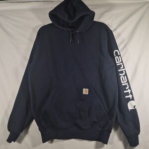 Carhartt K288 Mens Small Navy Loose Fit Logo Sleeve Pullover Hoodie Workwear